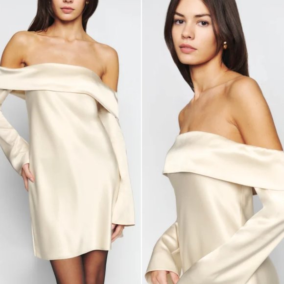 Reformation Maves Satin Mini Dress Medium in Almond Off Shoulder Long Sleeves
